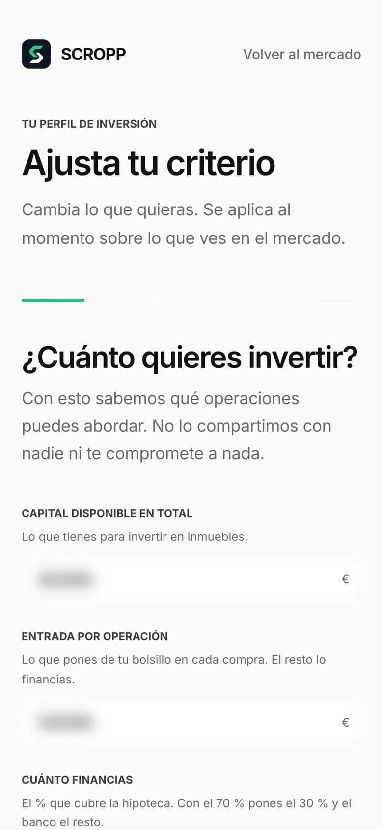 El cuestionario de criterio en el móvil: cuánto quieres invertir, entrada por operación y cuánto financias.