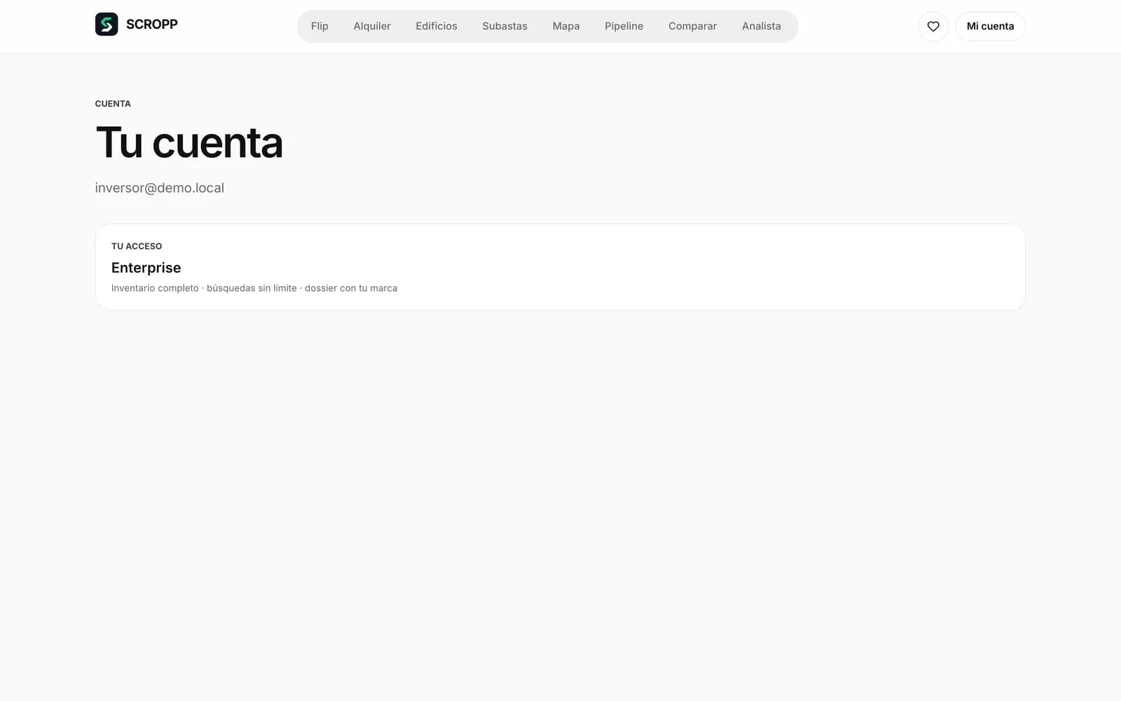Pantalla de cuenta con el perfil de inversión, los avisos push y las búsquedas guardadas.