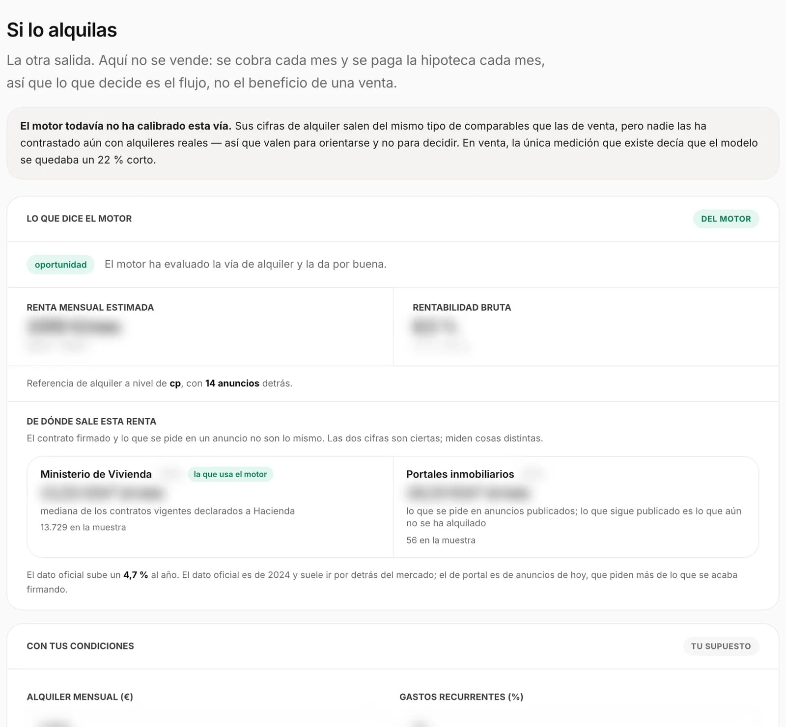 Sección Si lo alquilas con la renta estimada, la rentabilidad bruta y el bloque De dónde sale esta renta comparando Ministerio de Vivienda y portales.