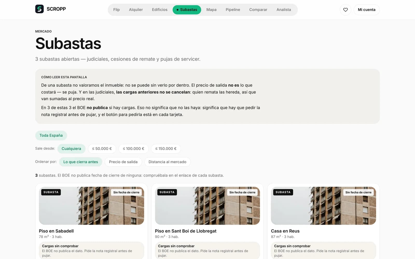 Pantalla de subastas con las tarjetas, el precio de salida, el aviso de cargas sin comprobar y el enlace a la subasta.
