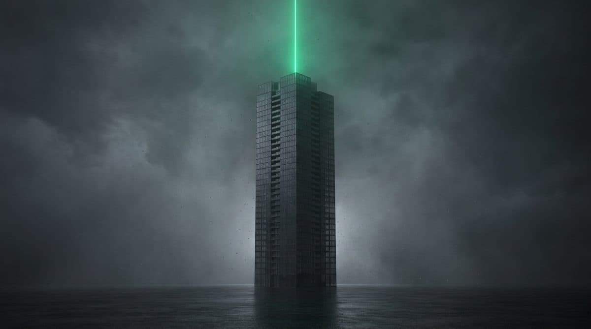 Torre residencial aislada en la niebla con un haz de luz verde ascendiendo sobre ella