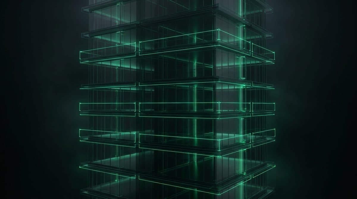 Edificio seccionado mostrando sus plantas como capas apiladas con líneas de medición verdes