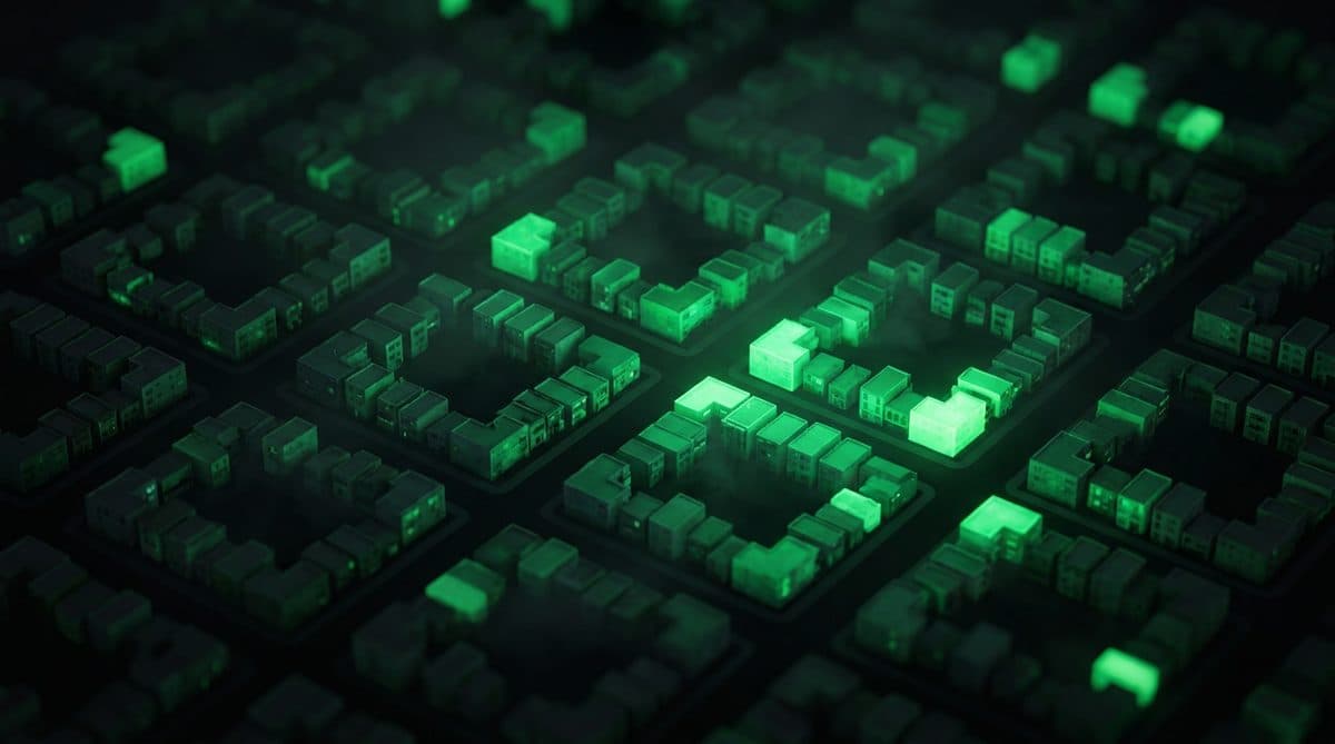 Vista cenital de una trama urbana donde los edificios brillan en verde con distinta intensidad
