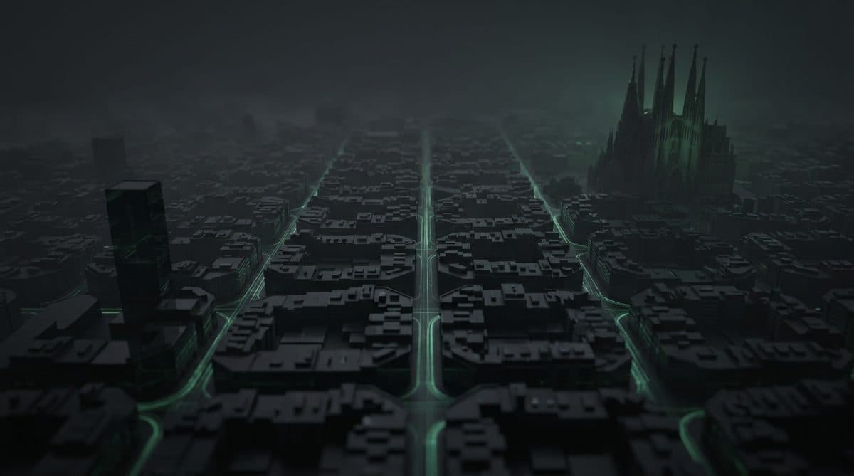 Vista aérea nocturna de la trama del Eixample con las avenidas trazadas en verde y la Sagrada Família al fondo