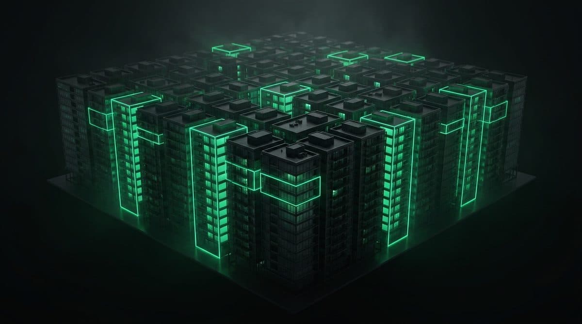 Bloque de viviendas en representación tridimensional oscura con varios edificios iluminados en verde