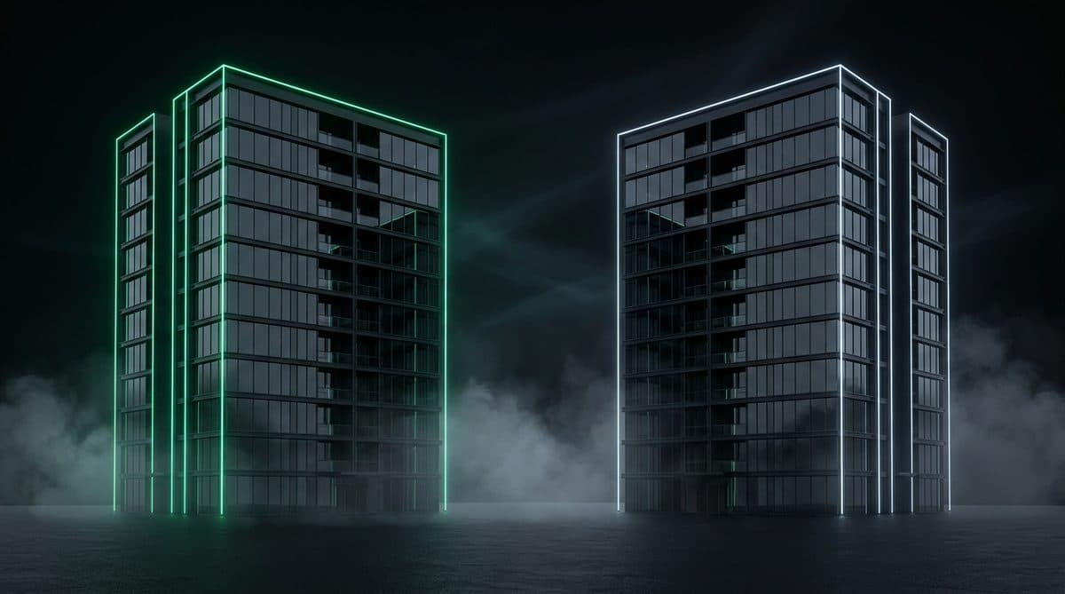 Dos edificios idénticos, uno perfilado en verde y otro en blanco, sobre fondo negro