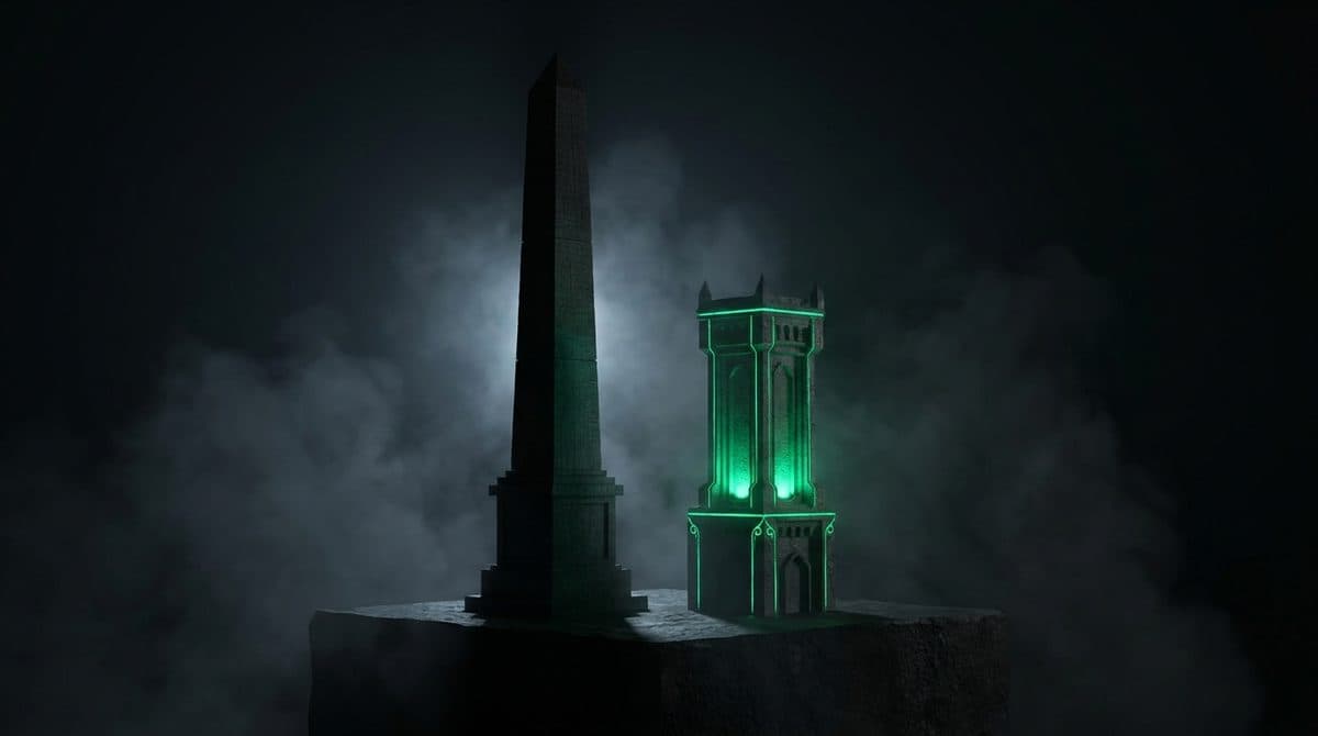 Dos torres oscuras, una alta y apagada y otra baja iluminada intensamente en verde