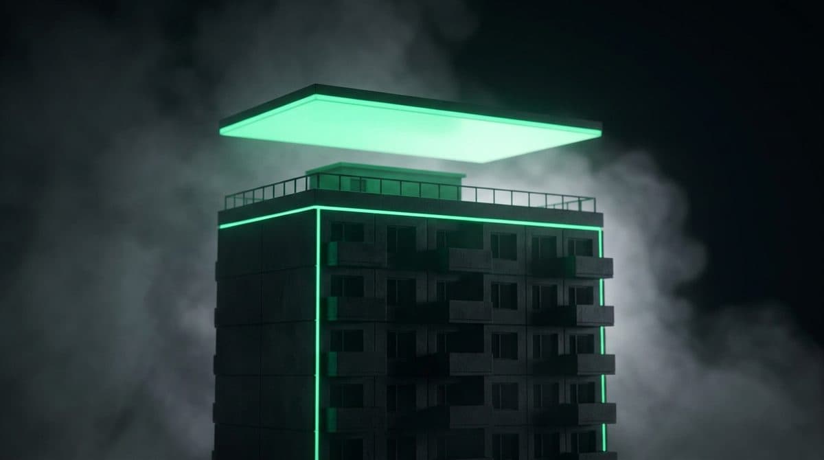 Edificio oscuro con un plano verde luminoso suspendido justo encima del tejado, como un techo
