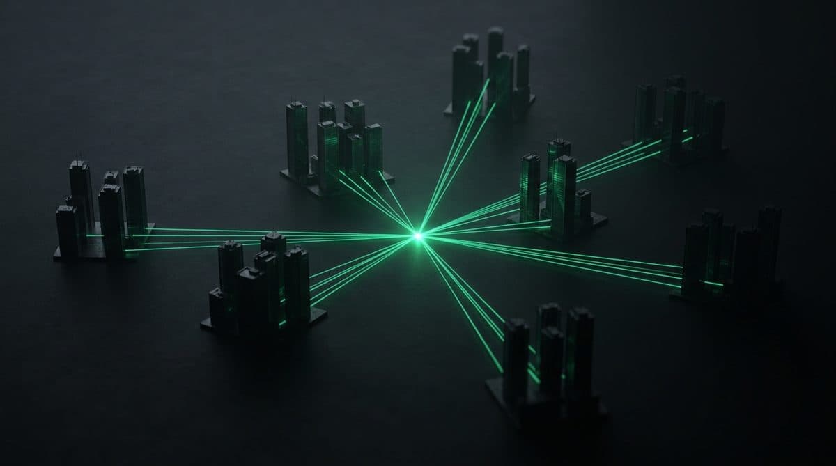 Siete grupos de edificios conectados por líneas verdes que convergen en un punto central