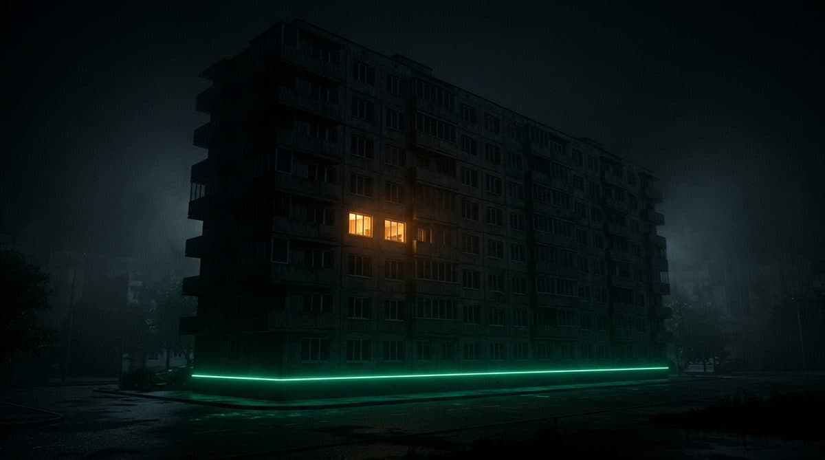 Bloque de viviendas de noche con todas las ventanas apagadas menos una encendida