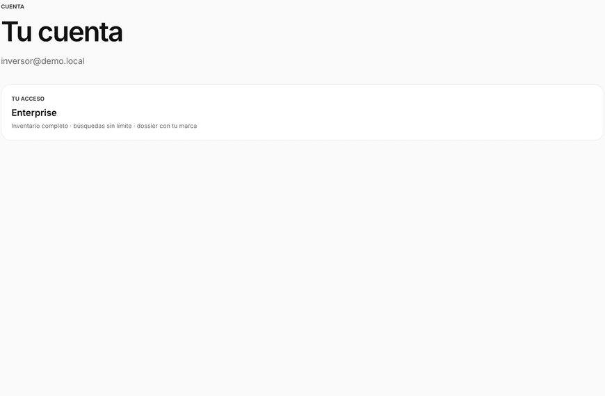 La pantalla de cuenta con el perfil de inversión, los avisos y las búsquedas guardadas.