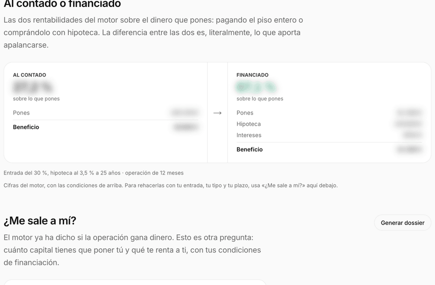 Sección Al contado o financiado con las dos rentabilidades lado a lado.