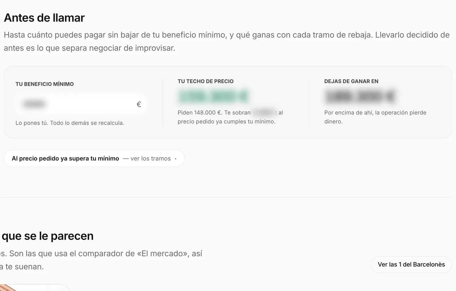 Sección Antes de llamar: beneficio mínimo, techo de precio y el precio a partir del cual se deja de ganar.