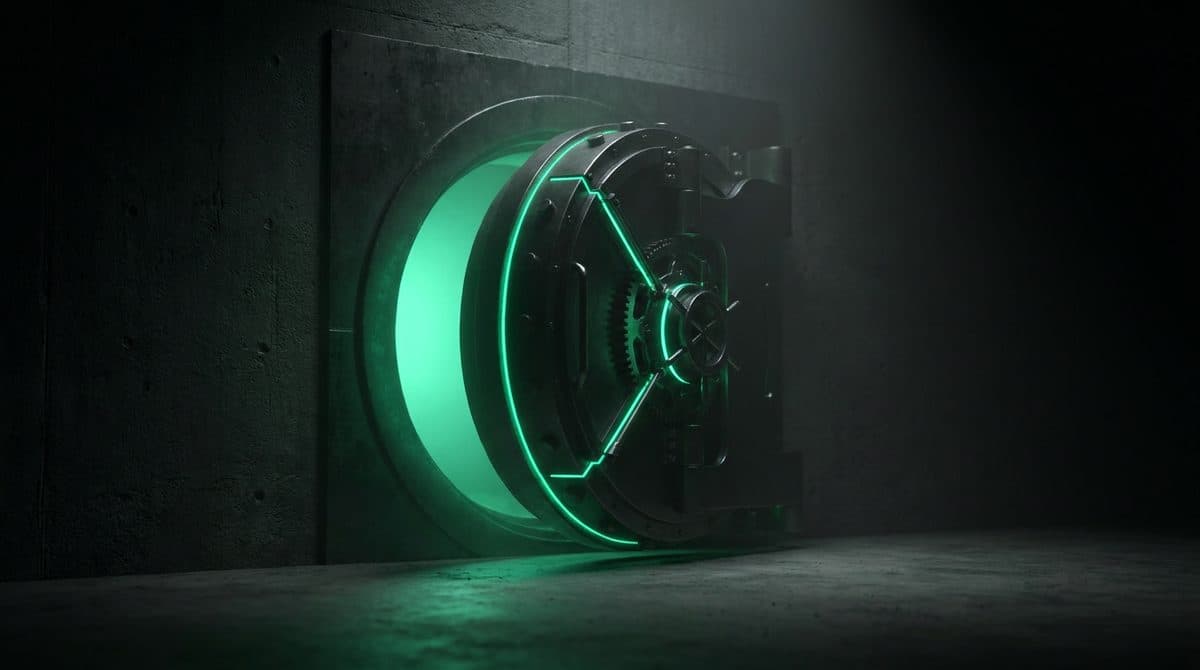 Puerta circular de cámara acorazada entreabierta con las juntas iluminadas en verde