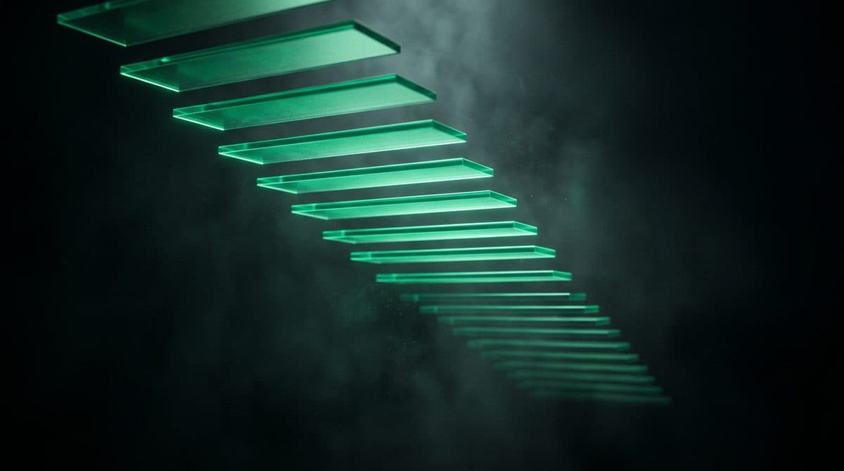 Placas translúcidas verdes apiladas en descenso, cada una más estrecha que la anterior
