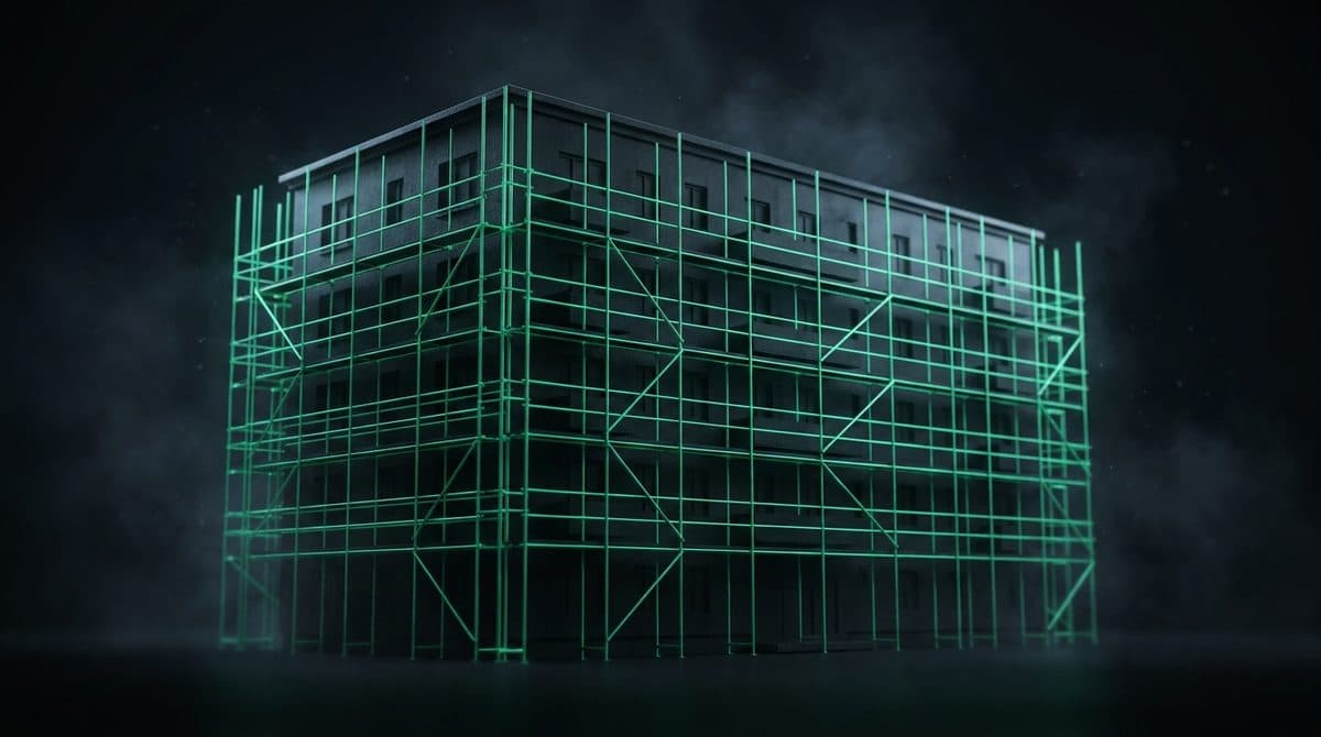 Edificio oscuro envuelto en un andamiaje dibujado con líneas verdes luminosas