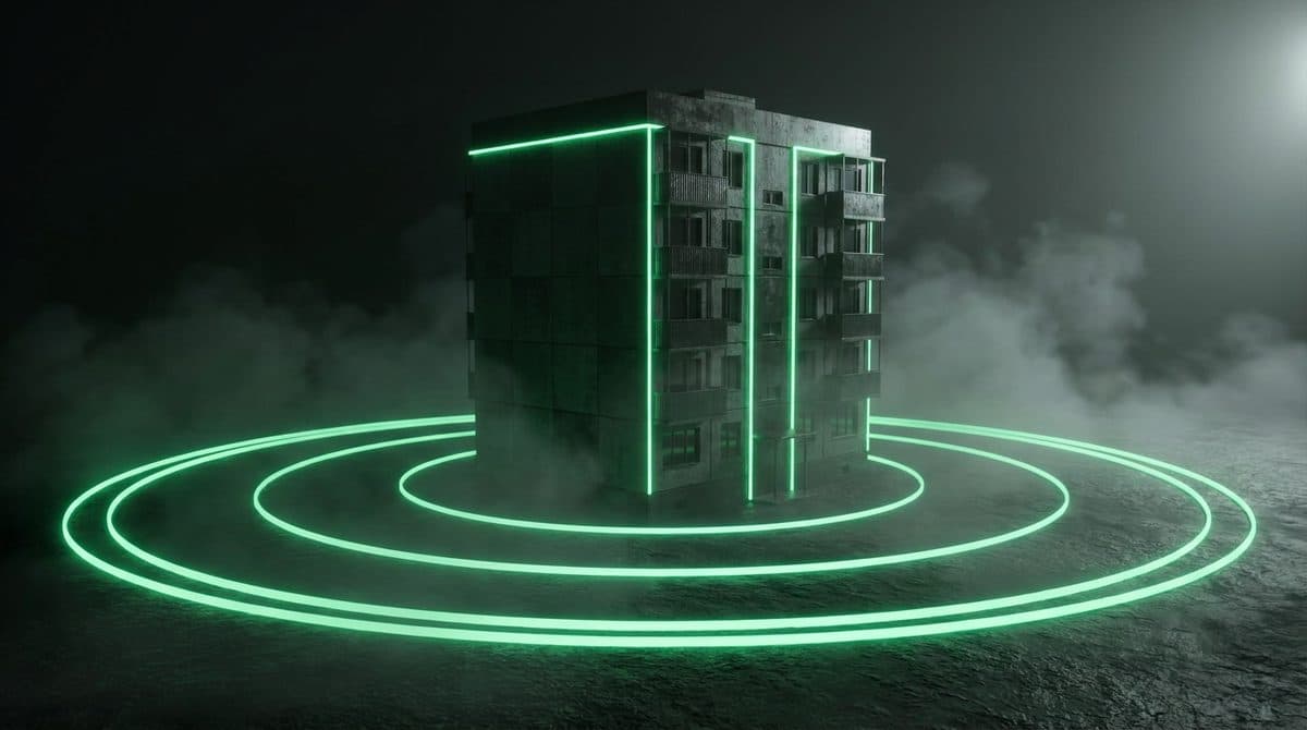 Edificio oscuro rodeado por varios anillos verdes concéntricos girando a su alrededor