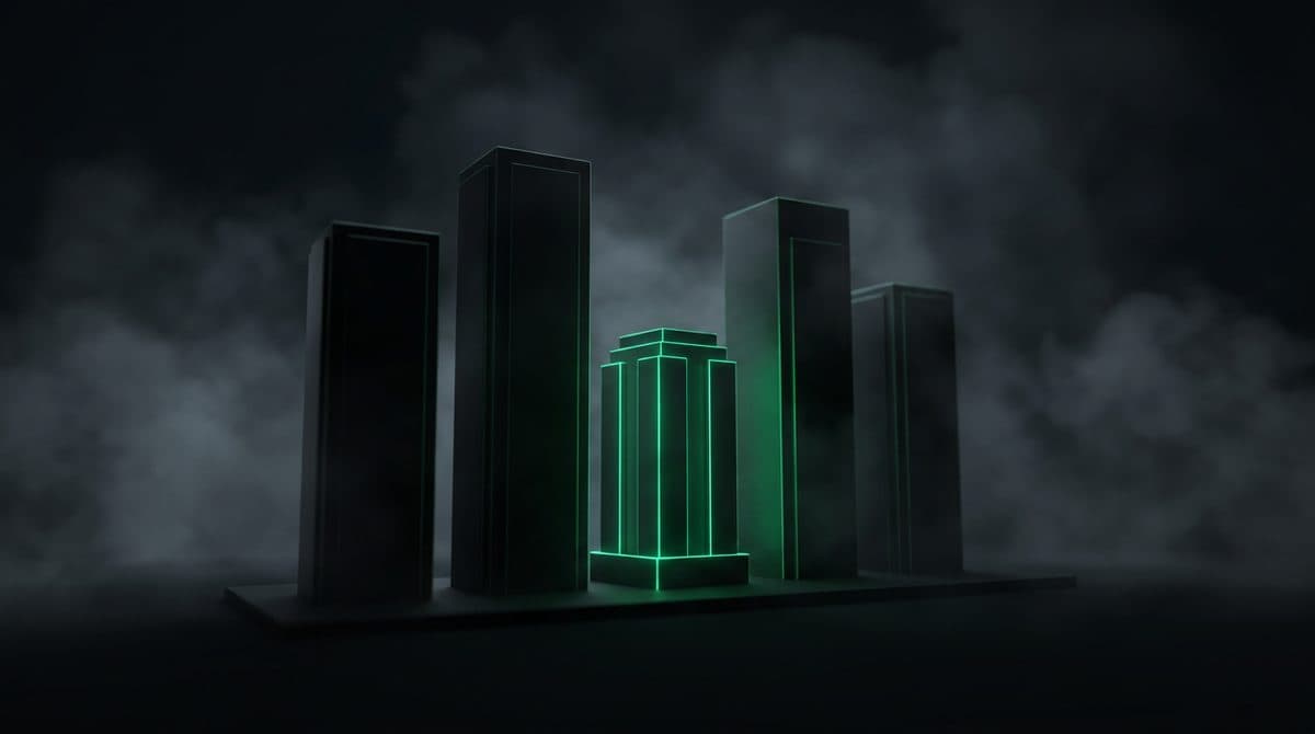 Hilera de torres de distinta altura, todas apagadas menos una más baja que brilla en verde