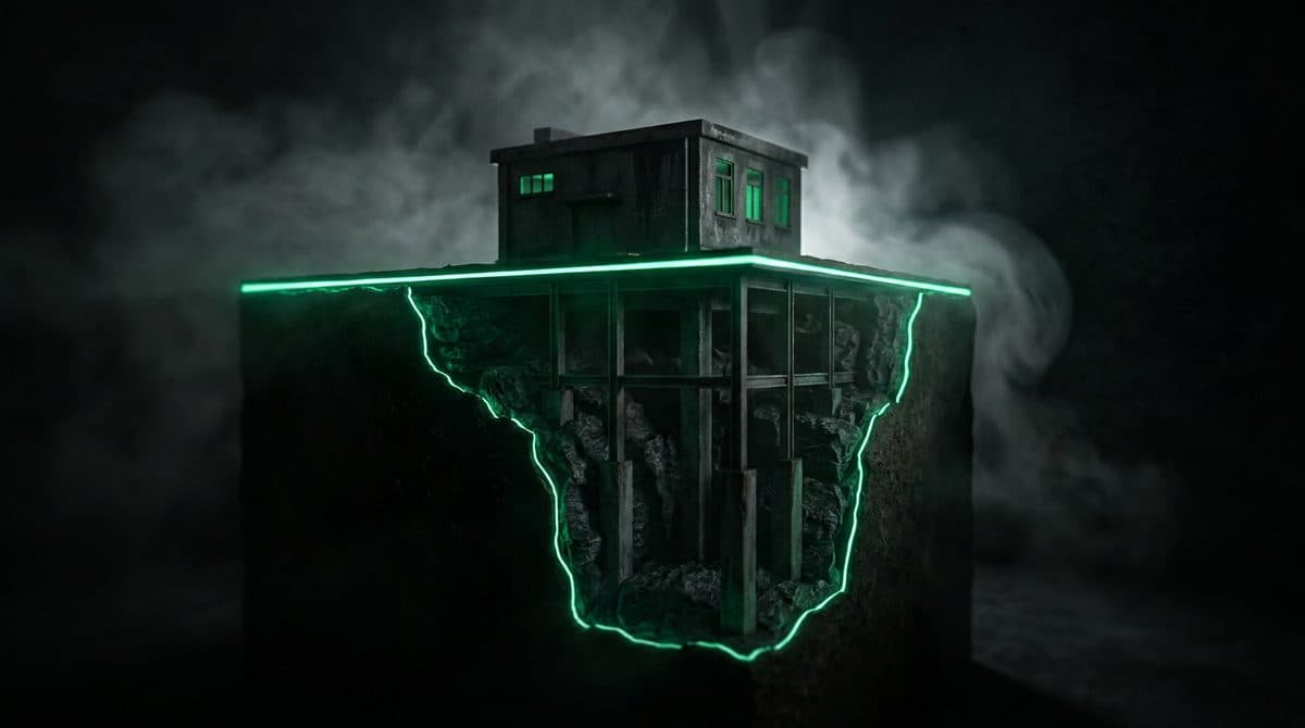 Edificio bajo sobre una línea verde con una cimentación enterrada mucho mayor que la parte visible