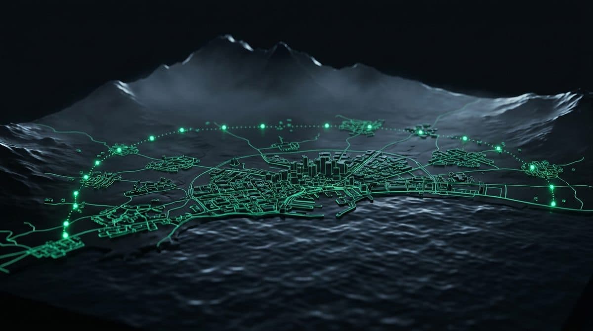 Maqueta topográfica de un área metropolitana costera con nodos verdes repartidos por los municipios