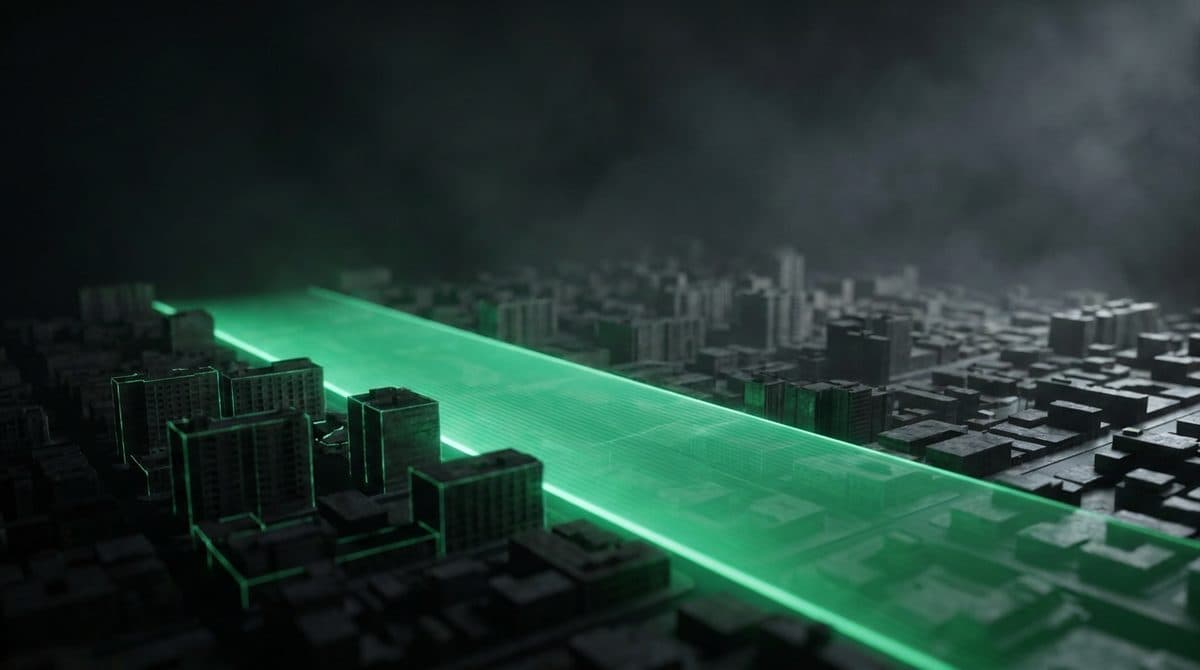 Plano de luz verde barriendo una trama urbana oscura y dejando iluminados los edificios ya recorridos