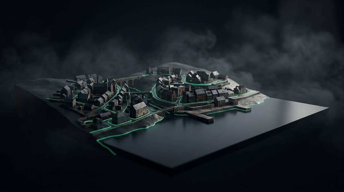 Maqueta oscura de una población costera en pendiente con las calles trazadas en verde