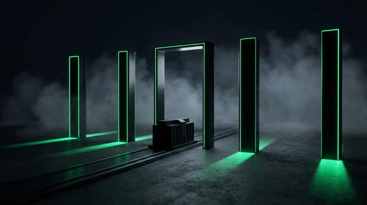 Cinco pórticos luminosos verdes alineados formando un corredor de control