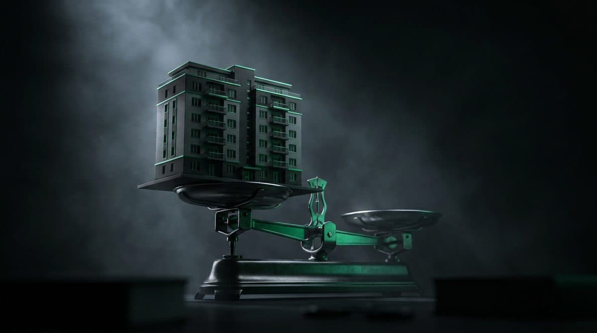 Maqueta de un edificio sobre el platillo de una balanza de precisión iluminada en verde