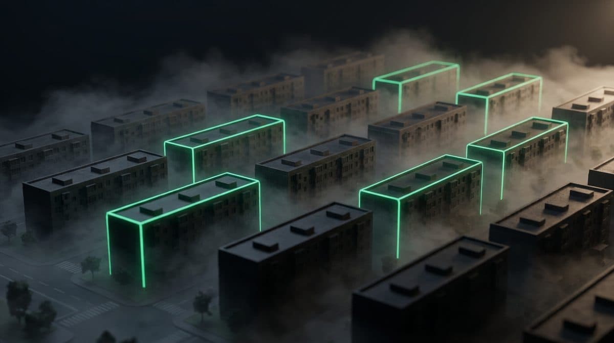 Trama densa de bloques oscuros con aproximadamente uno de cada cuatro perfilado en verde