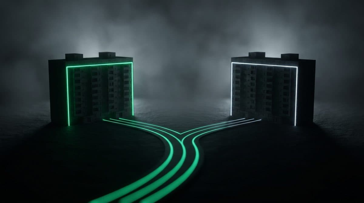 Un camino verde que se bifurca hacia dos edificios idénticos, uno perfilado en verde y otro en blanco