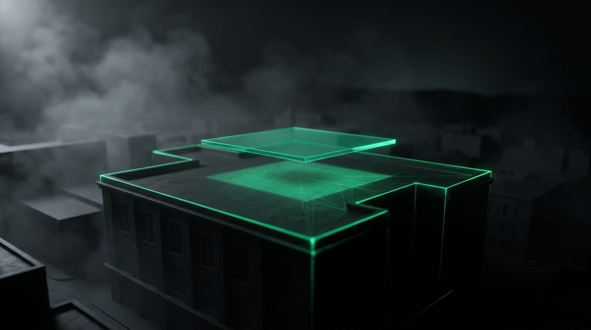 Lámina translúcida verde flotando sobre la cubierta de un edificio oscuro