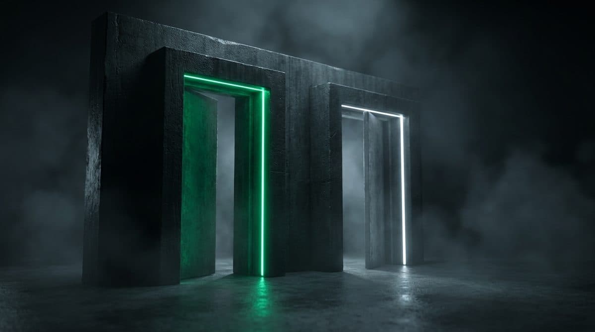 Dos puertas contiguas en un muro oscuro, una enmarcada en verde y otra en blanco
