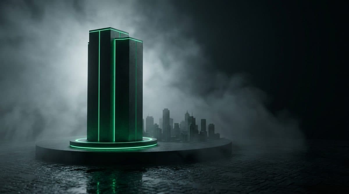 Un bloque grande y aislado sobre su propia plataforma, rodeado por un círculo verde, con el resto de la ciudad al fondo