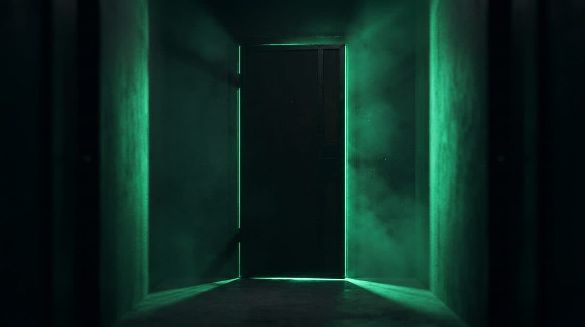 Puerta cerrada de vivienda con luz verde escapándose por las juntas del marco