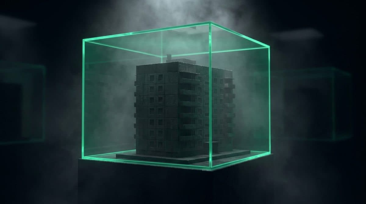 Bloque de viviendas encerrado dentro de una caja translúcida verde