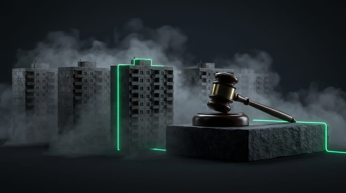 Mazo de subasta sobre un bloque de piedra y, detrás, edificios oscuros con uno iluminado en verde